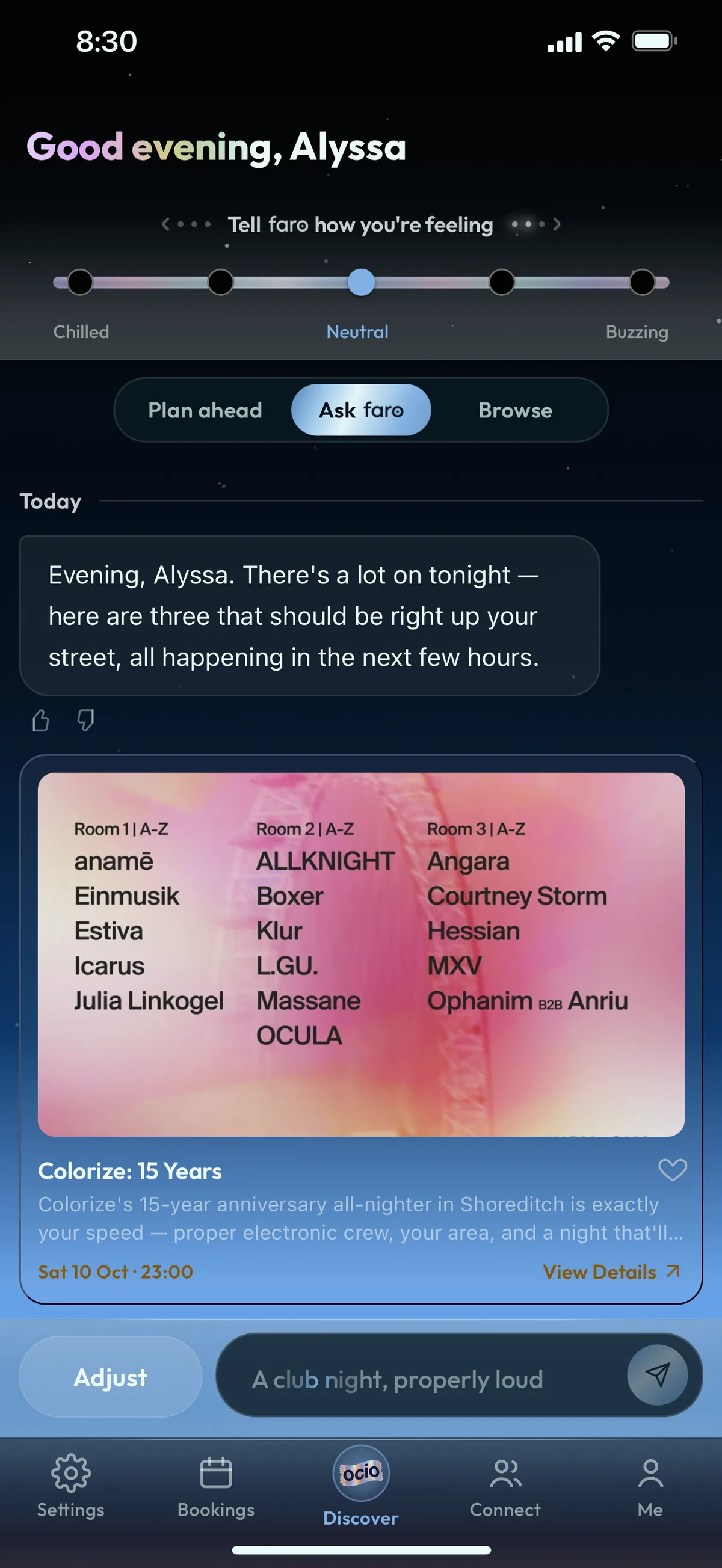 The Ocio app's Ask Faro screen: a 'Good evening' greeting, a mood dial running from Chilled to Buzzing, a message from Faro lining up tonight's picks, and a London club night as an event card